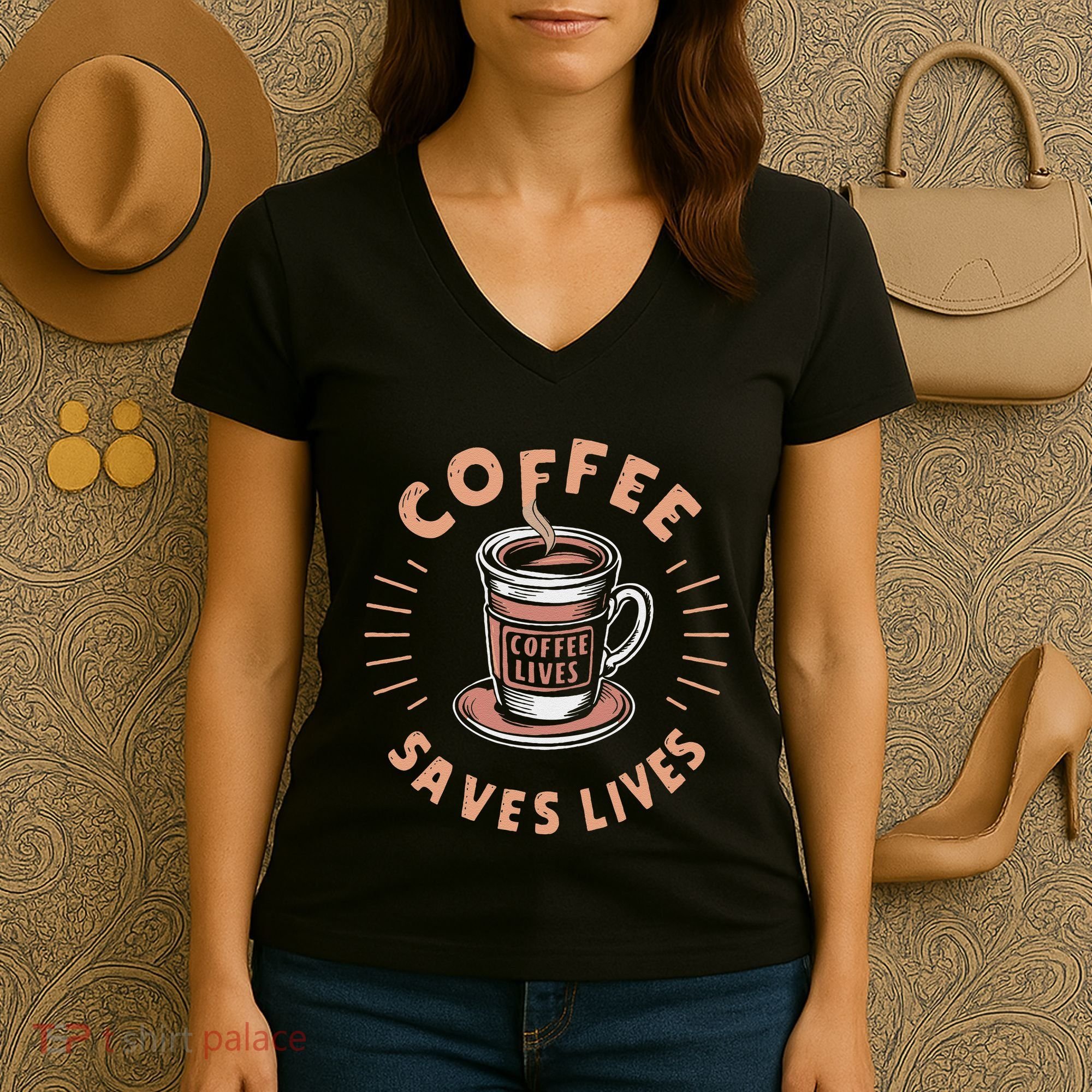 Coffee Save Lives Quote Funny Caffeine Addict Coffee Lover Women's V-Neck T-Shirt