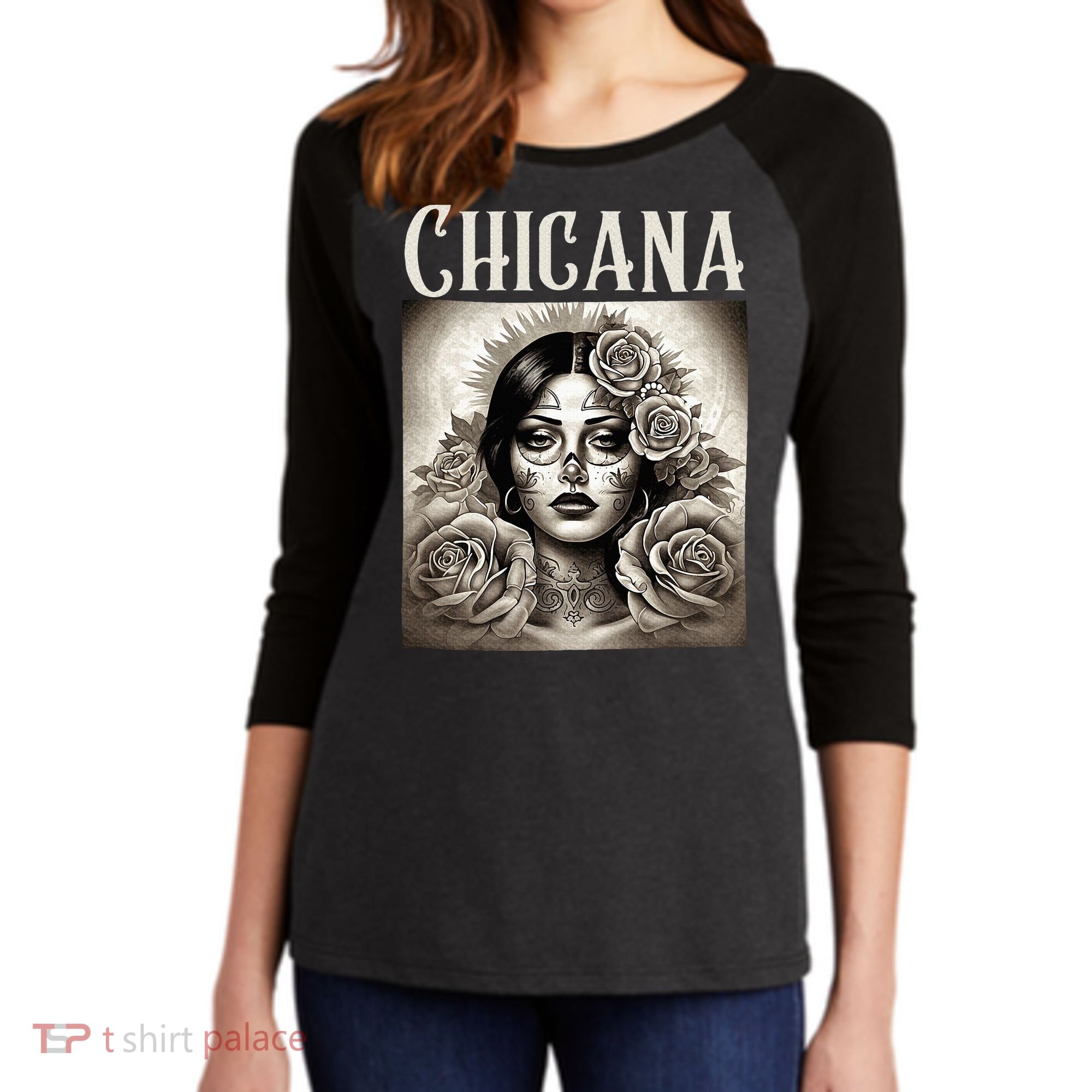 Chicana Style Lowrider Clothes Mexican American Latina Women's Tri-Blend 3/4-Sleeve Raglan Shirt