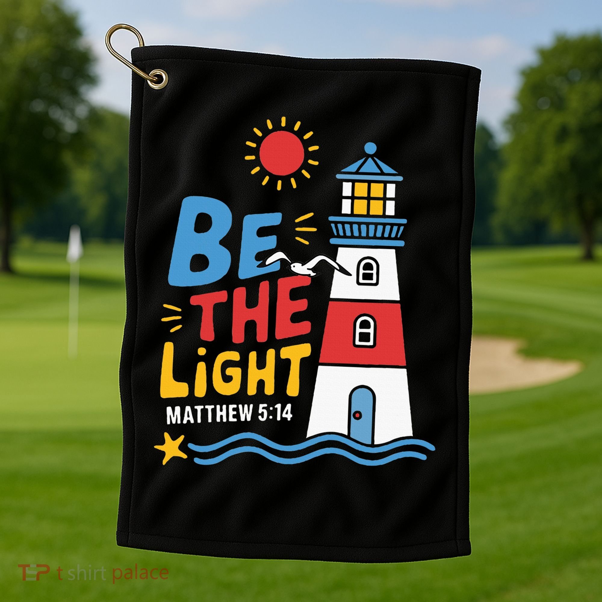 Casual Summer Lighthouse Bible verse Christian Golf Towel
