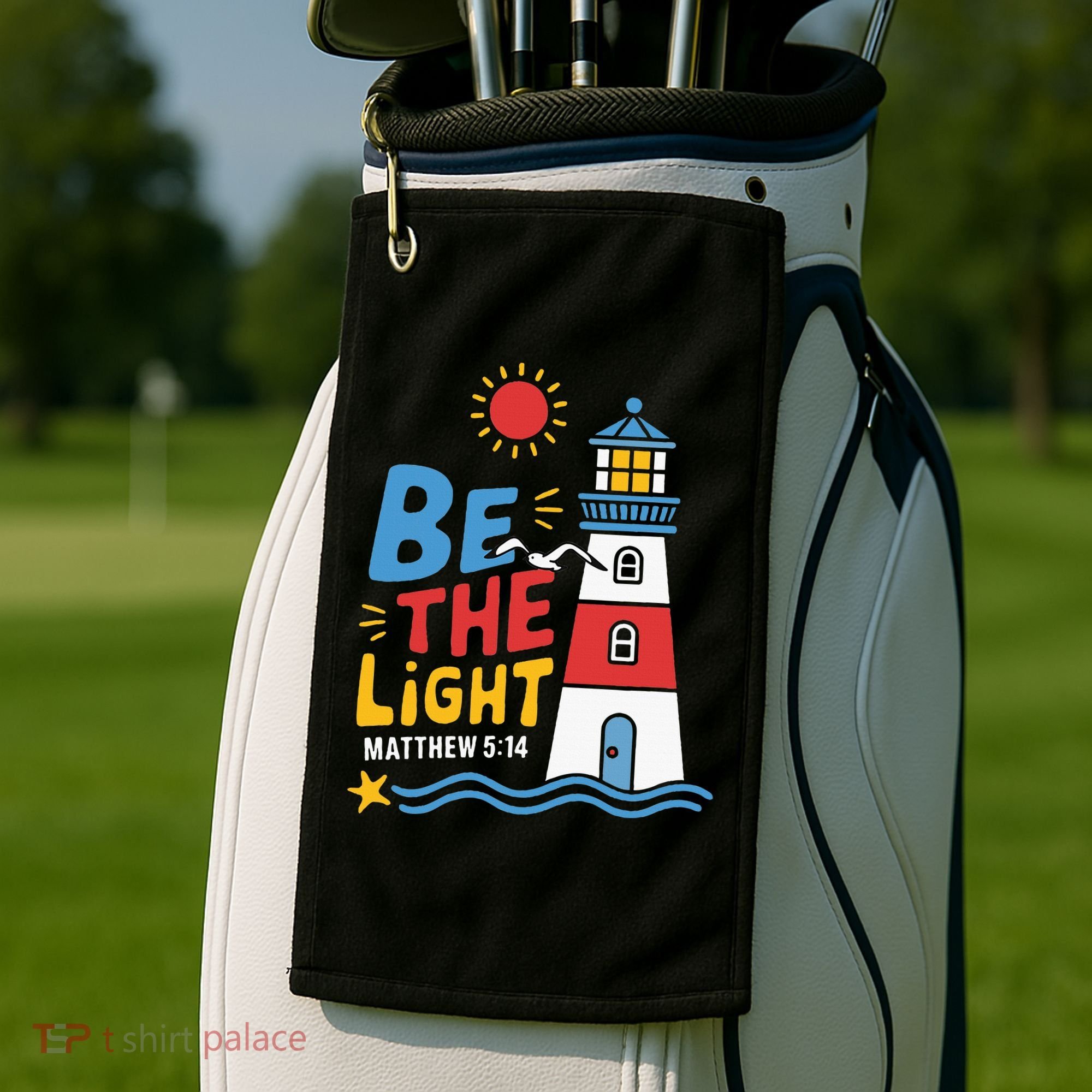 Casual Summer Lighthouse Bible verse Christian Golf Towel