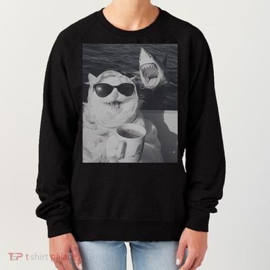 Cat Scarf Meme Drinking Coffee Selfie Chill White Shark Women's Sweatshirt