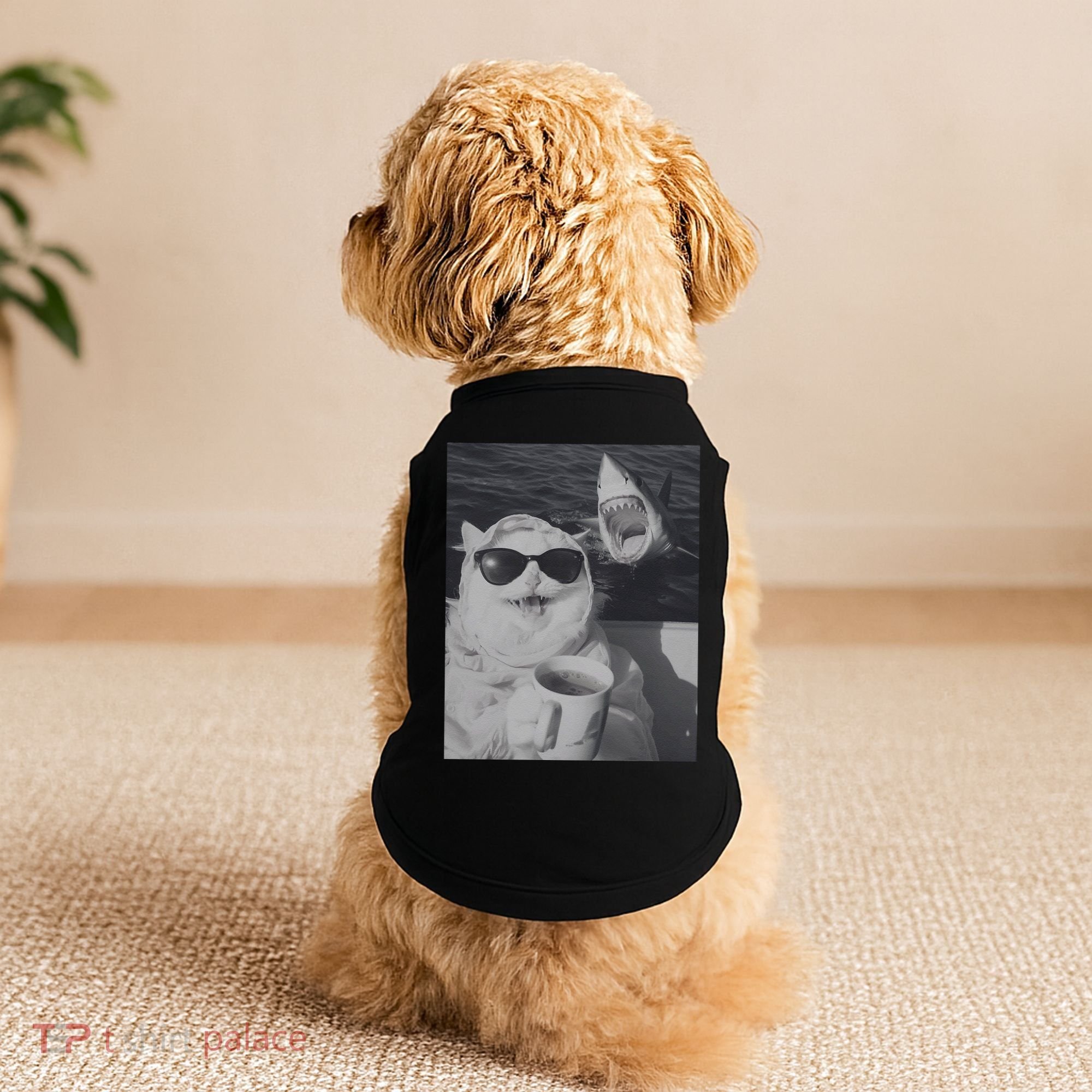 Cat Scarf Meme Drinking Coffee Selfie Chill White Shark Doggie Tank