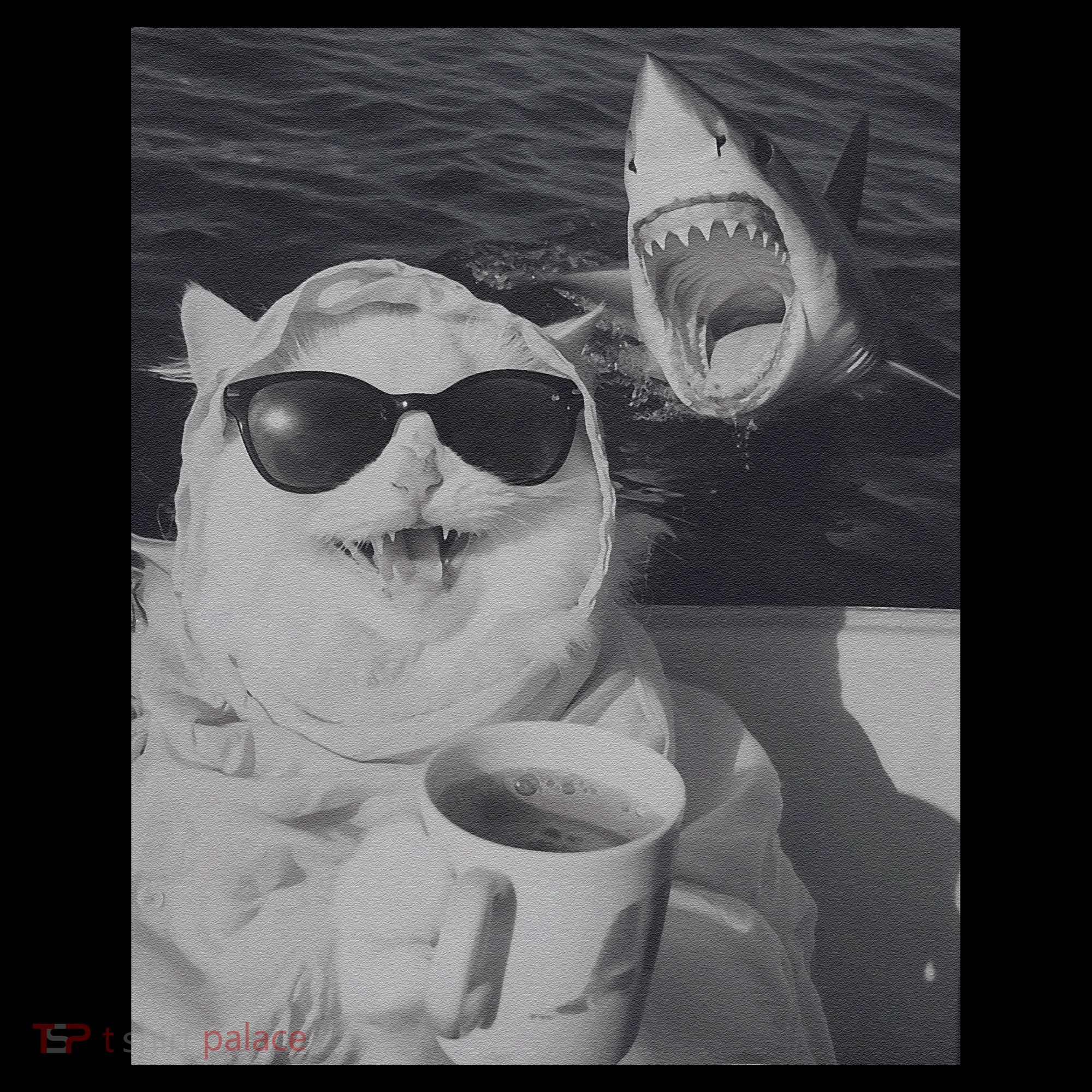 Cat Scarf Meme Drinking Coffee Selfie Chill White Shark USA-Made Doggie Bandana