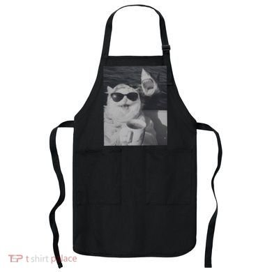 Cat Scarf Meme Drinking Coffee Selfie Chill White Shark Apron