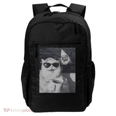 Cat Scarf Meme Drinking Coffee Selfie Chill White Shark Backpack