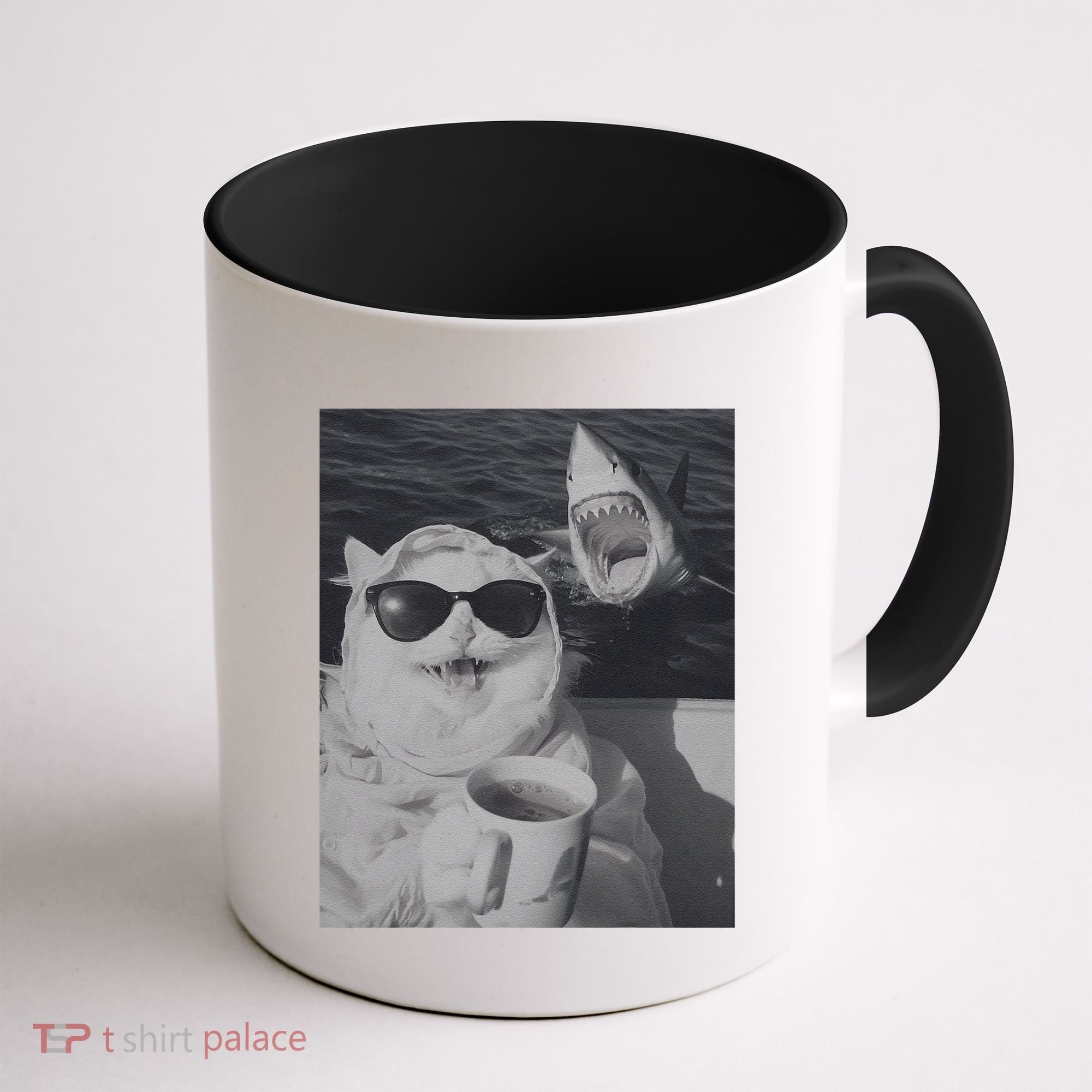 Cat Scarf Meme Drinking Coffee Selfie Chill White Shark Coffee Mug