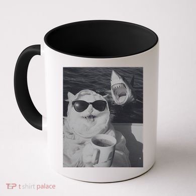 Cat Scarf Meme Drinking Coffee Selfie Chill White Shark Coffee Mug