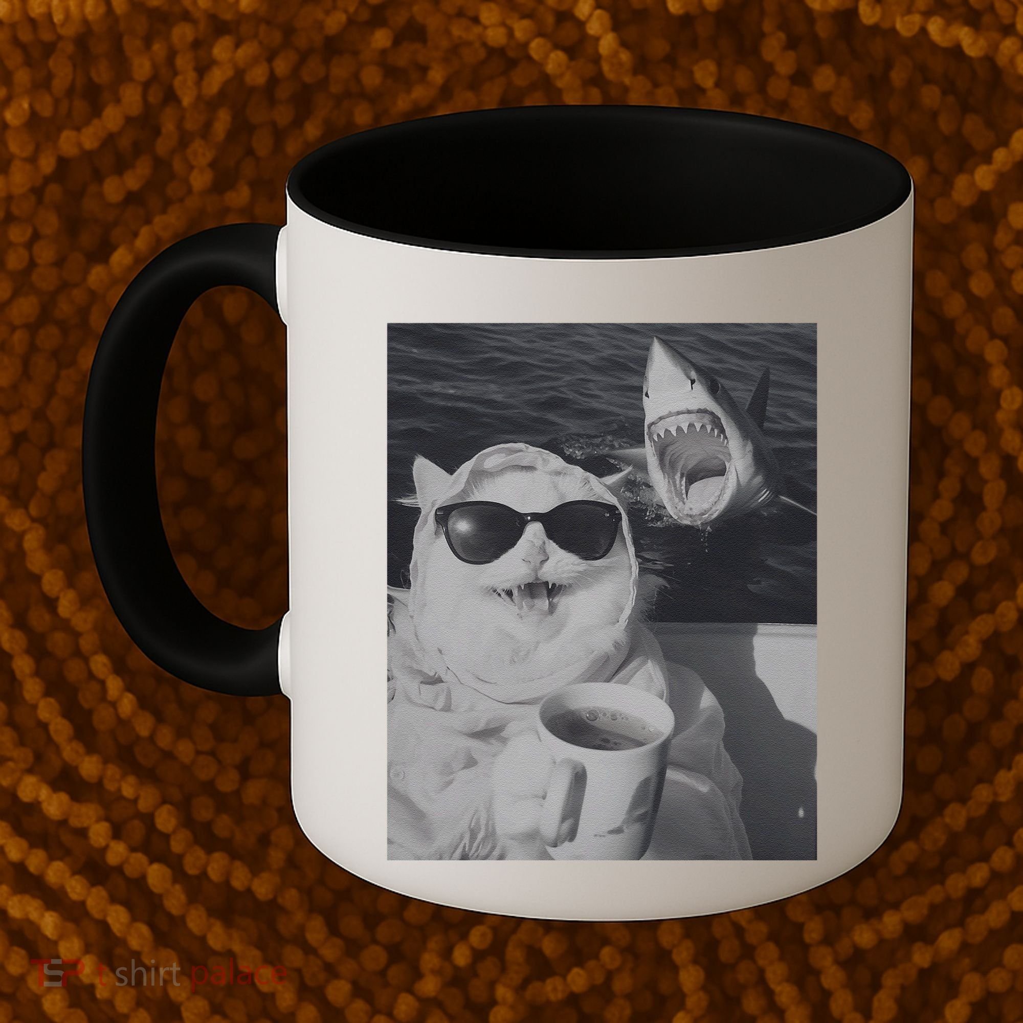 Cat Scarf Meme Drinking Coffee Selfie Chill White Shark Coffee Mug