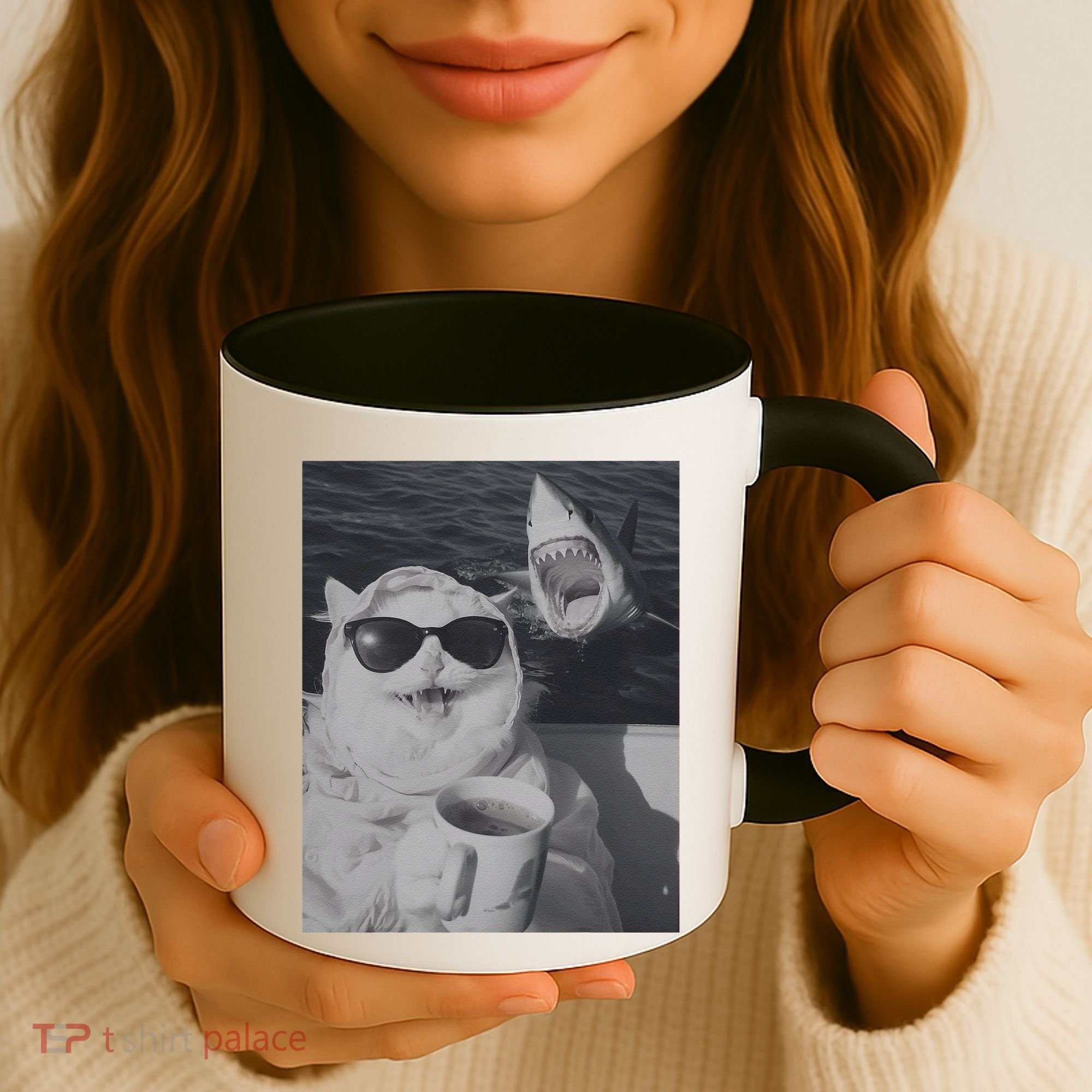 Cat Scarf Meme Drinking Coffee Selfie Chill White Shark Coffee Mug