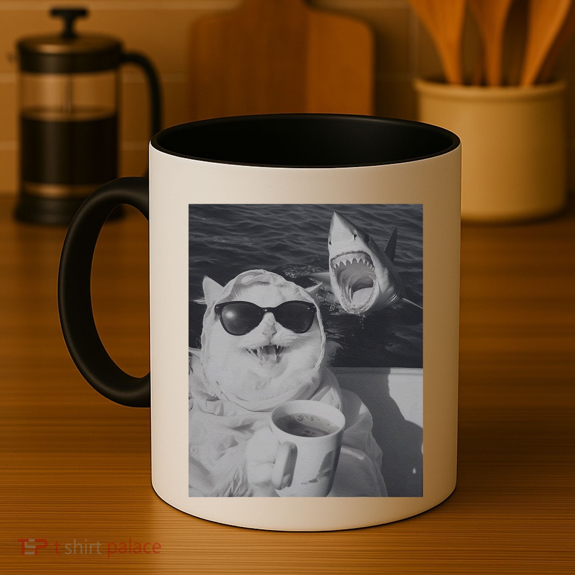 Cat Scarf Meme Drinking Coffee Selfie Chill White Shark Coffee Mug