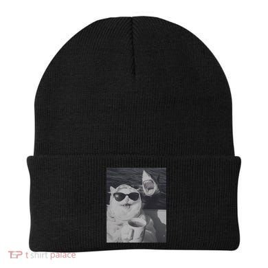 Cat Scarf Meme Drinking Coffee Selfie Chill White Shark Beanie
