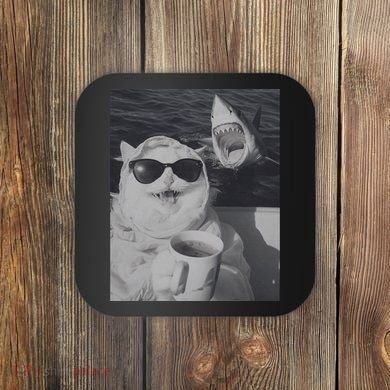 Cat Scarf Meme Drinking Coffee Selfie Chill White Shark Coaster