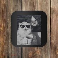 Cat Scarf Meme Drinking Coffee Selfie Chill White Shark Coaster thumb 0