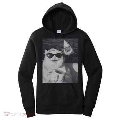Cat Scarf Meme Drinking Coffee Selfie Chill White Shark Women's Hoodie