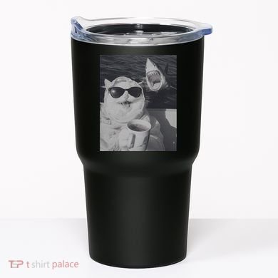 Cat Scarf Meme Drinking Coffee Selfie Chill White Shark Tumbler