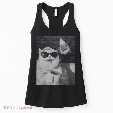 Cat Scarf Meme Drinking Coffee Selfie Chill White Shark Women's Tank Top