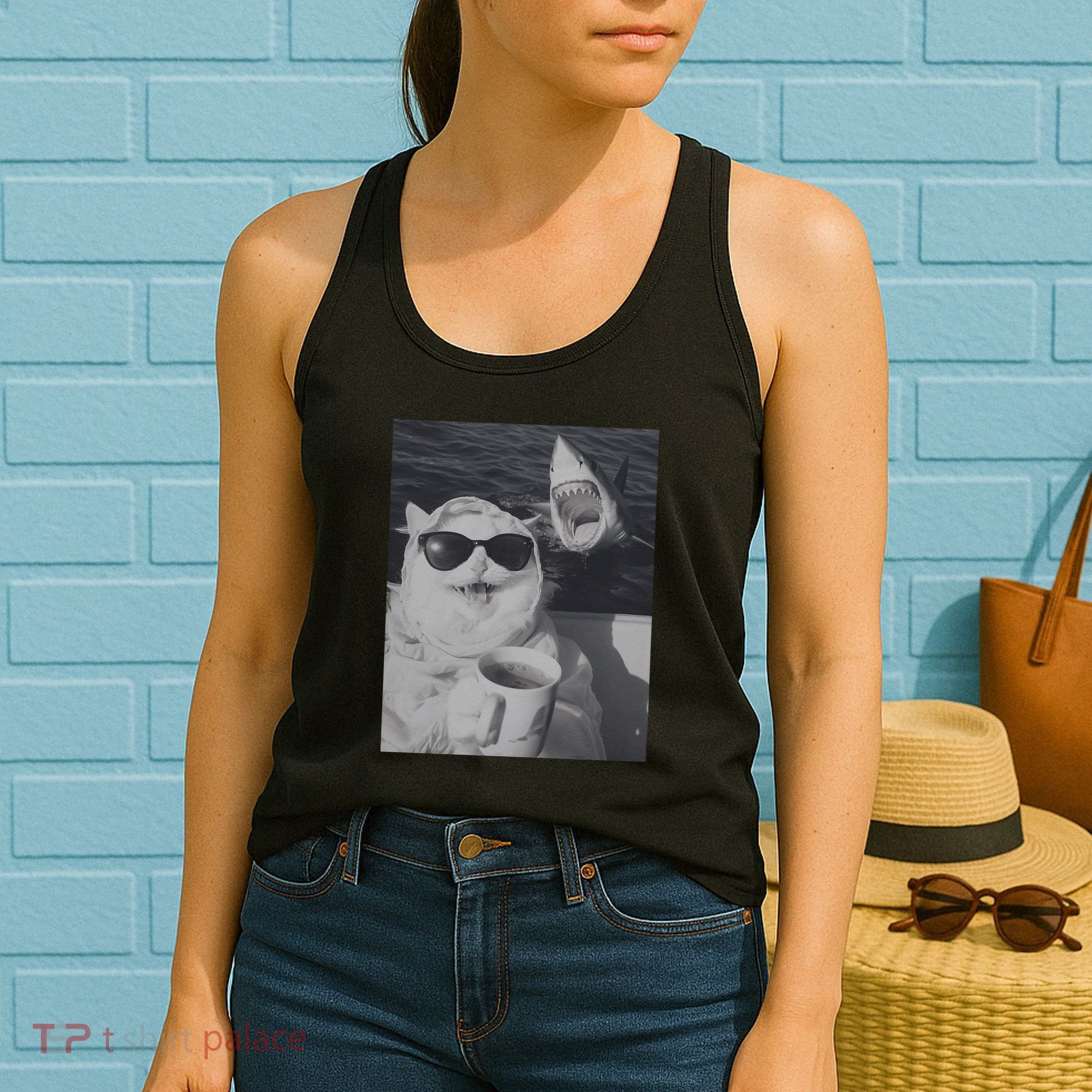 Cat Scarf Meme Drinking Coffee Selfie Chill White Shark Women's Tank Top