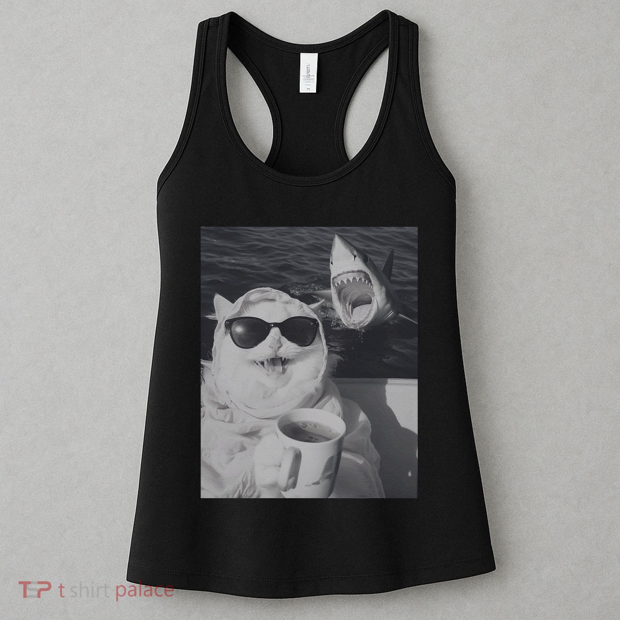 Cat Scarf Meme Drinking Coffee Selfie Chill White Shark Women's Tank Top