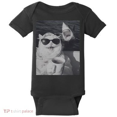 Cat Scarf Meme Drinking Coffee Selfie Chill White Shark Baby Bodysuit