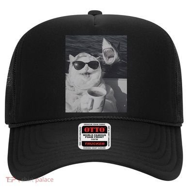 Cat Scarf Meme Drinking Coffee Selfie Chill White Shark Hat