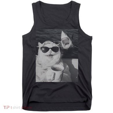 Cat Scarf Meme Drinking Coffee Selfie Chill White Shark Tank Top