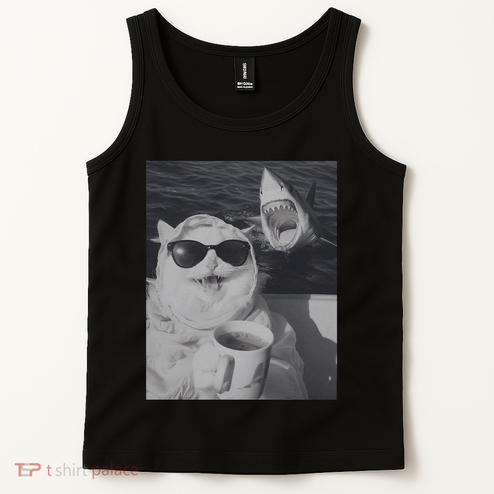 Cat Scarf Meme Drinking Coffee Selfie Chill White Shark Tank Top