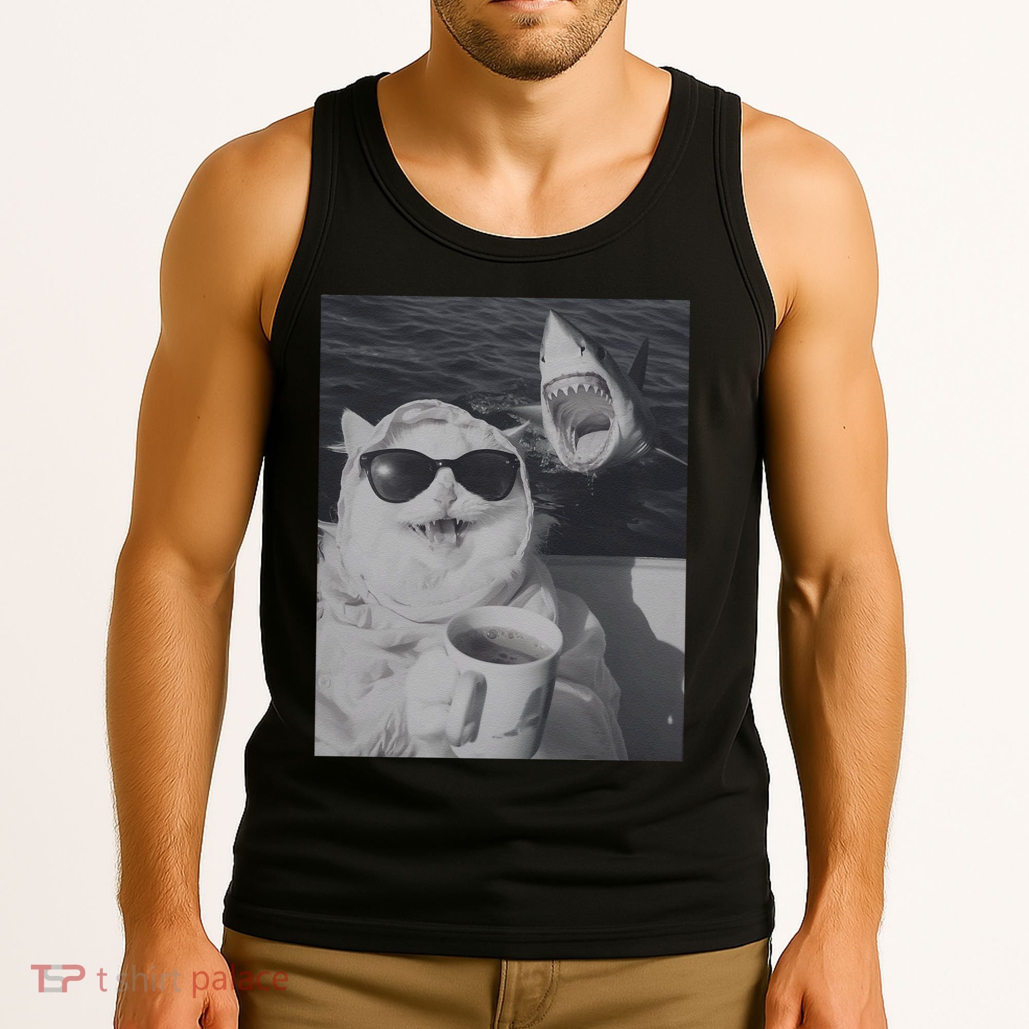 Cat Scarf Meme Drinking Coffee Selfie Chill White Shark Tank Top