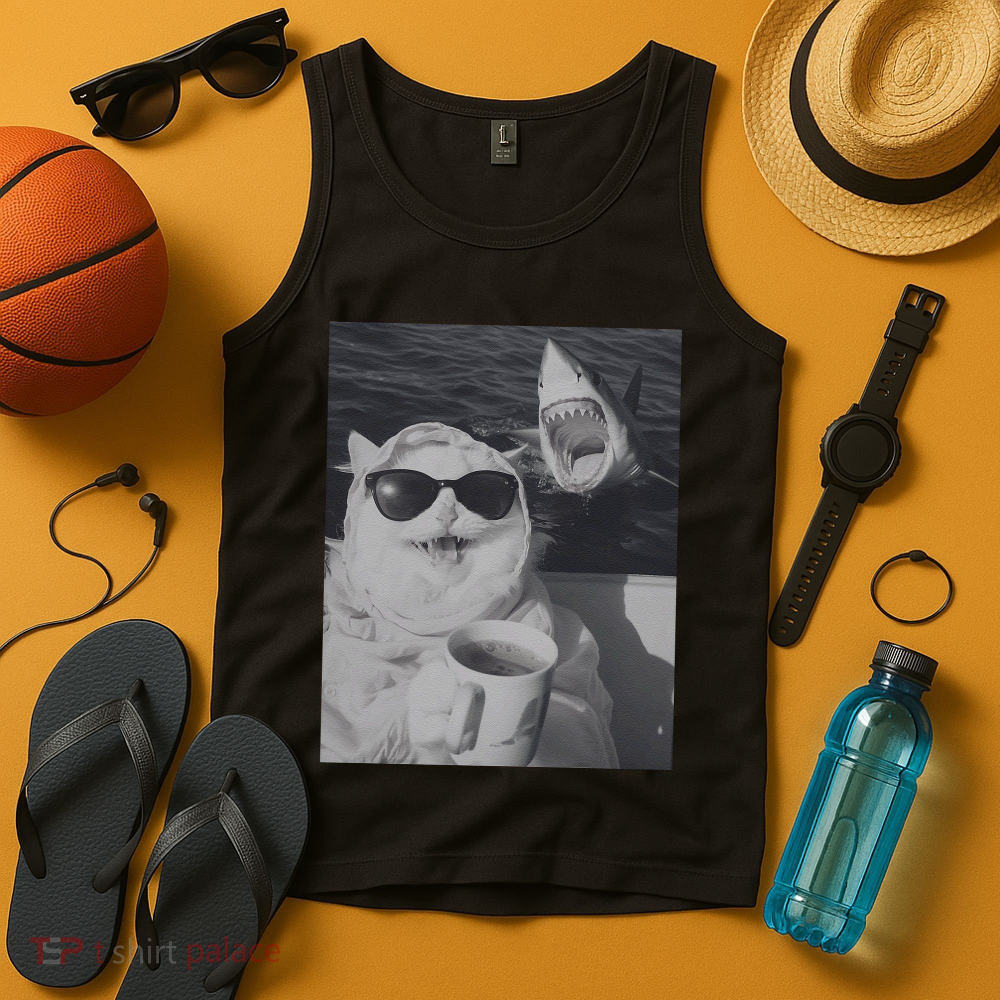Cat Scarf Meme Drinking Coffee Selfie Chill White Shark Tank Top