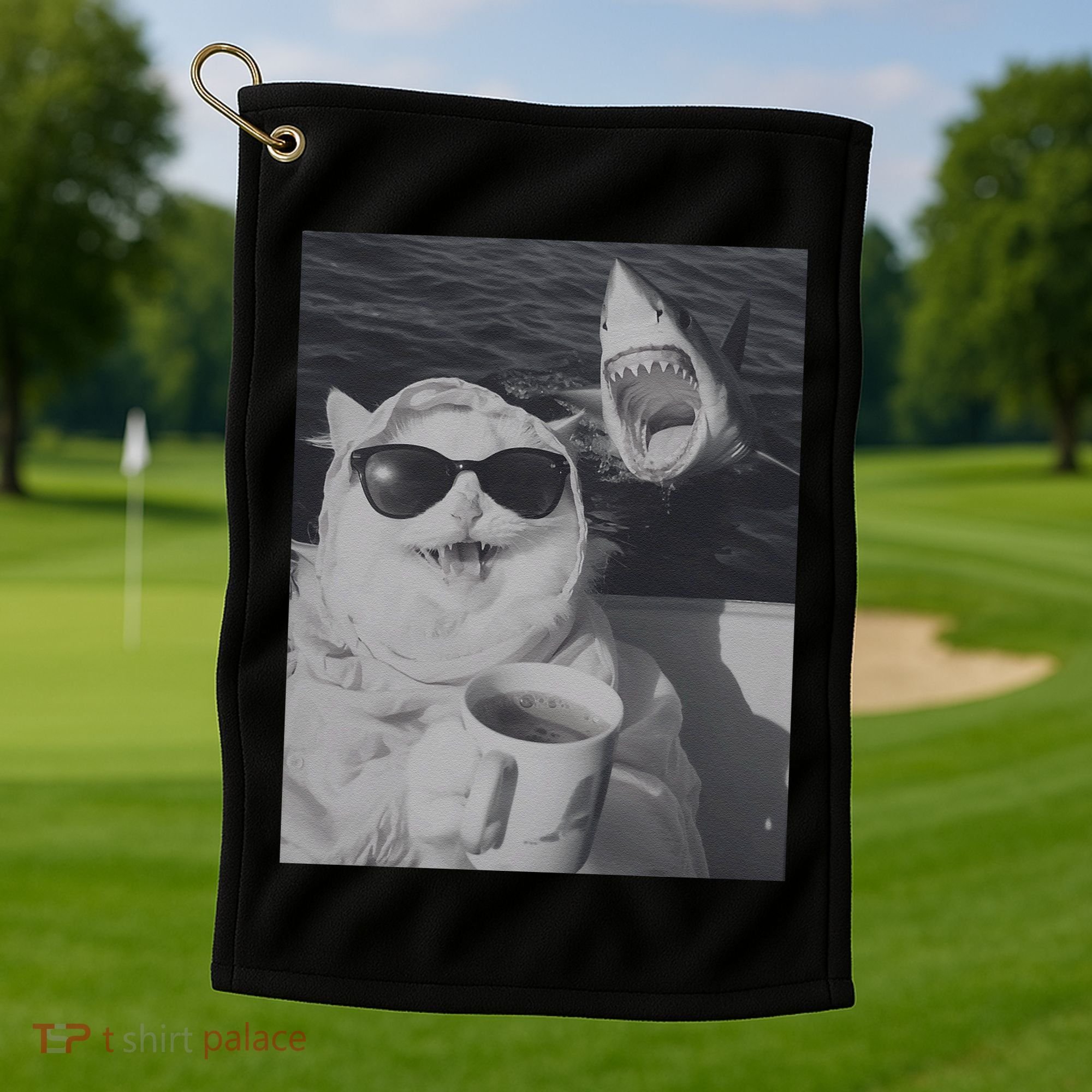 Cat Scarf Meme Drinking Coffee Selfie Chill White Shark Golf Towel