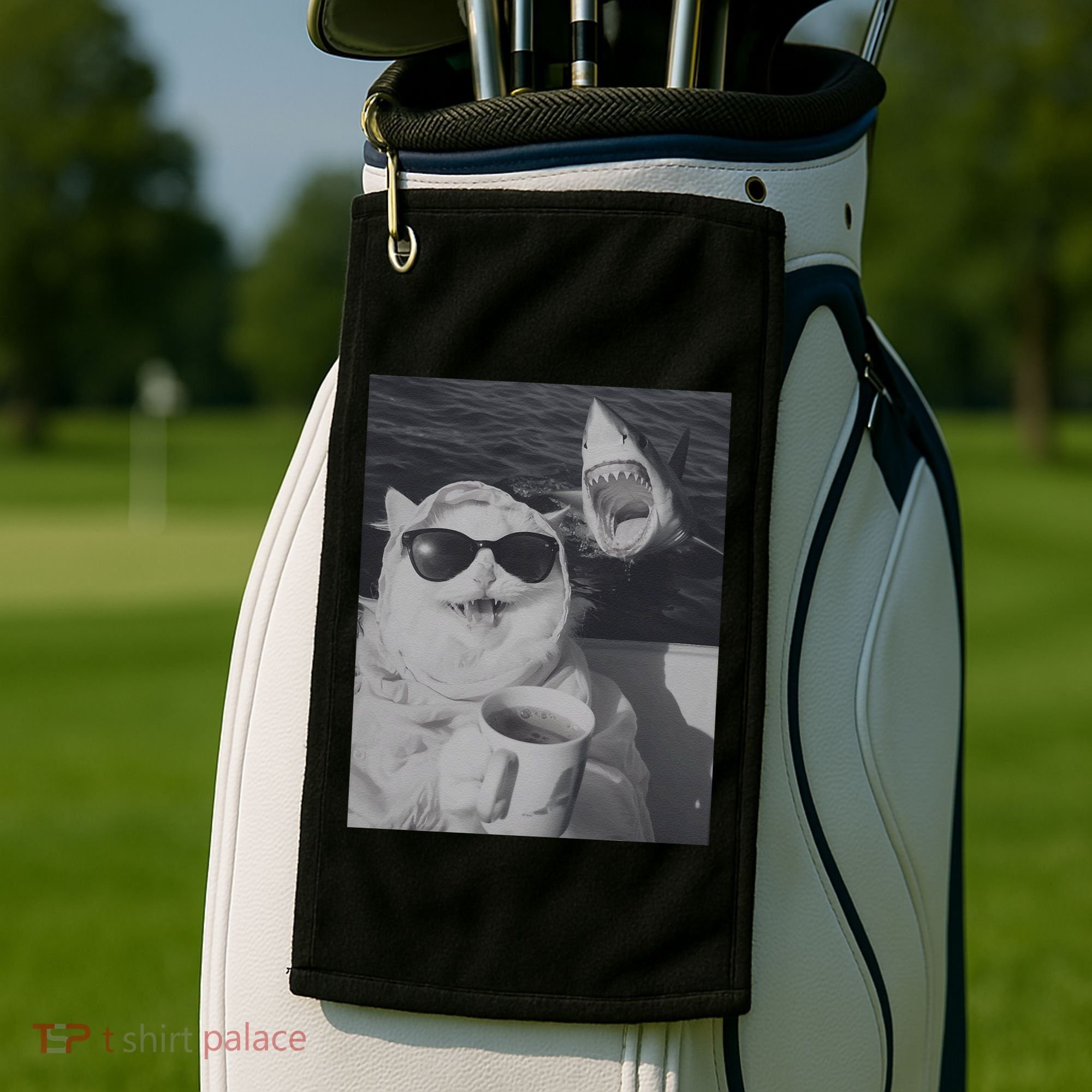 Cat Scarf Meme Drinking Coffee Selfie Chill White Shark Golf Towel