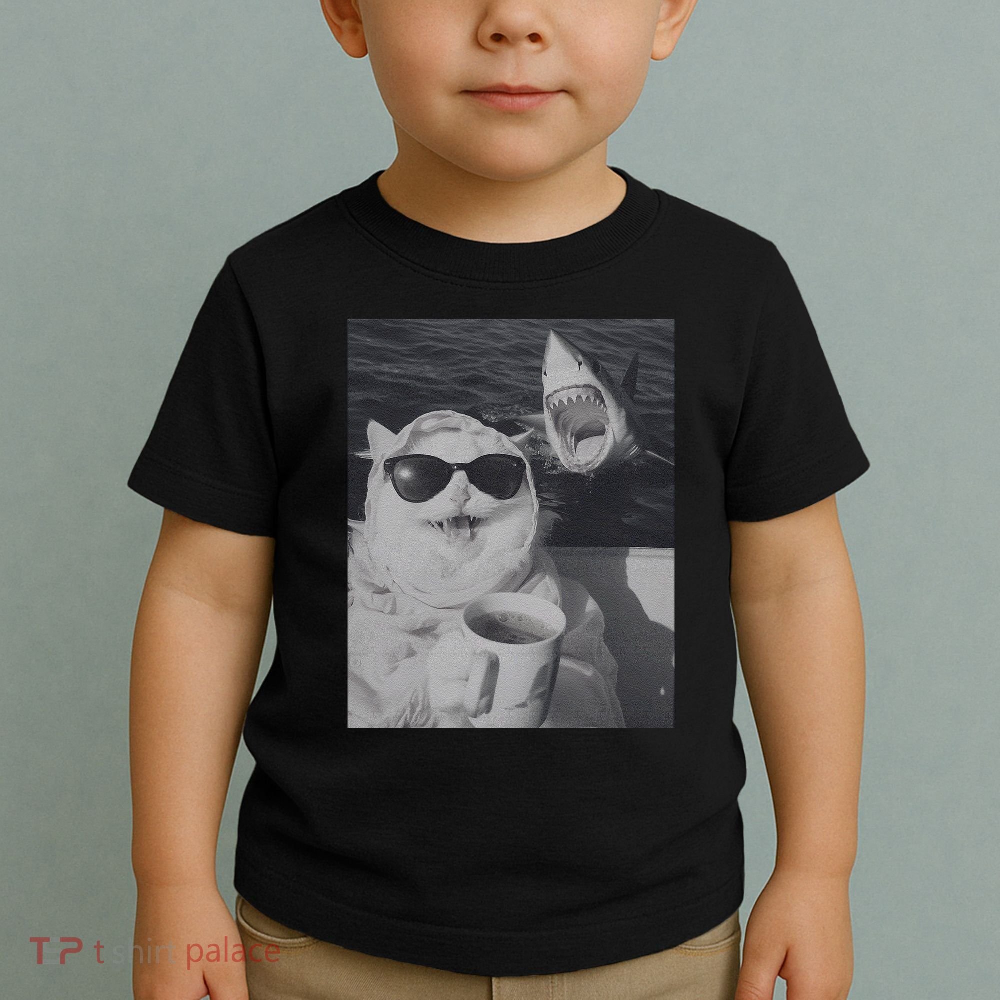 Cat Scarf Meme Drinking Coffee Selfie Chill White Shark Toddler T-Shirt