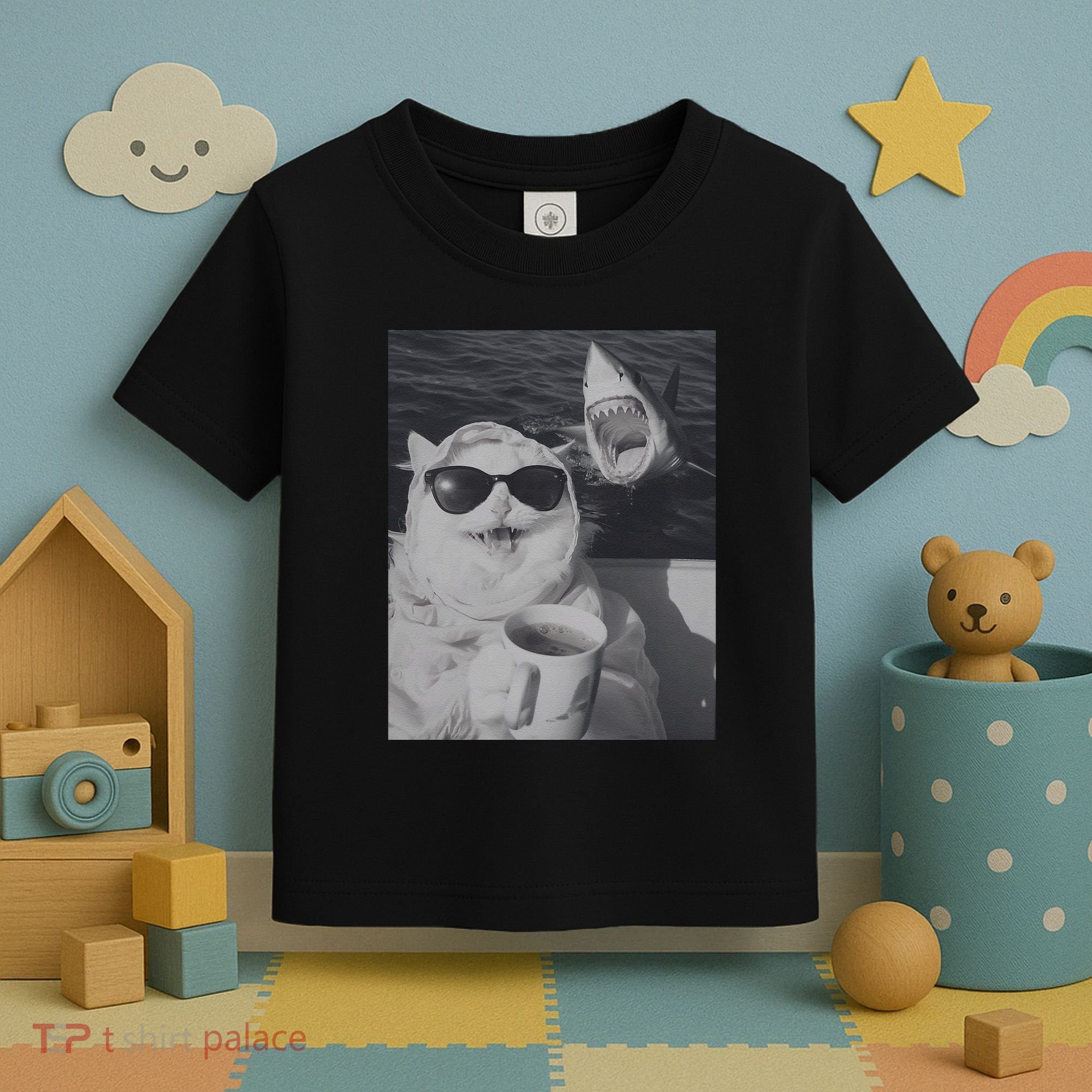Cat Scarf Meme Drinking Coffee Selfie Chill White Shark Toddler T-Shirt