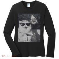 Cat Scarf Meme Drinking Coffee Selfie Chill White Shark Women's Long Sleeve Shirt thumb 0