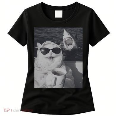 Cat Scarf Meme Drinking Coffee Selfie Chill White Shark Women's T-Shirt