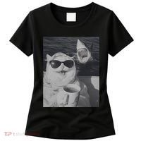 Cat Scarf Meme Drinking Coffee Selfie Chill White Shark Women's T-Shirt thumb 0