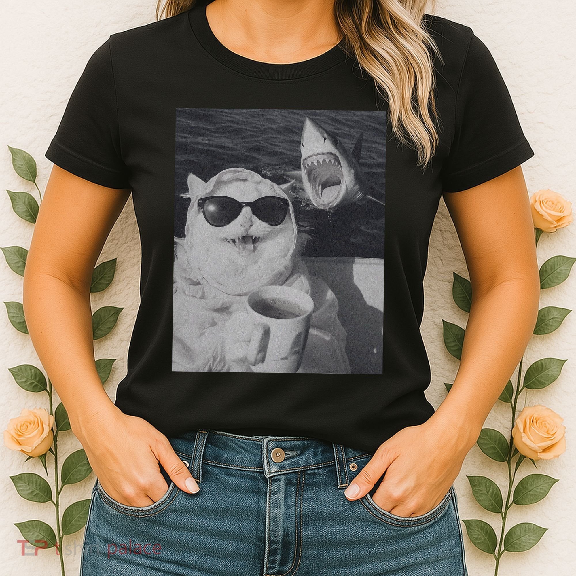 Cat Scarf Meme Drinking Coffee Selfie Chill White Shark Women's T-Shirt