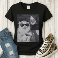 Cat Scarf Meme Drinking Coffee Selfie Chill White Shark Women's T-Shirt thumb 3