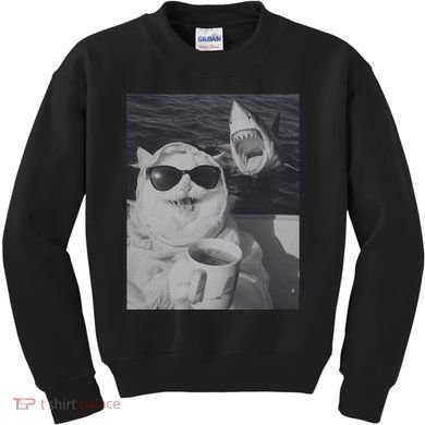 Cat Scarf Meme Drinking Coffee Selfie Chill White Shark Kids Sweatshirt
