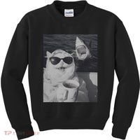Cat Scarf Meme Drinking Coffee Selfie Chill White Shark Kids Sweatshirt thumb 0