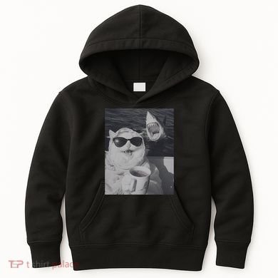 Cat Scarf Meme Drinking Coffee Selfie Chill White Shark Kids Hoodie