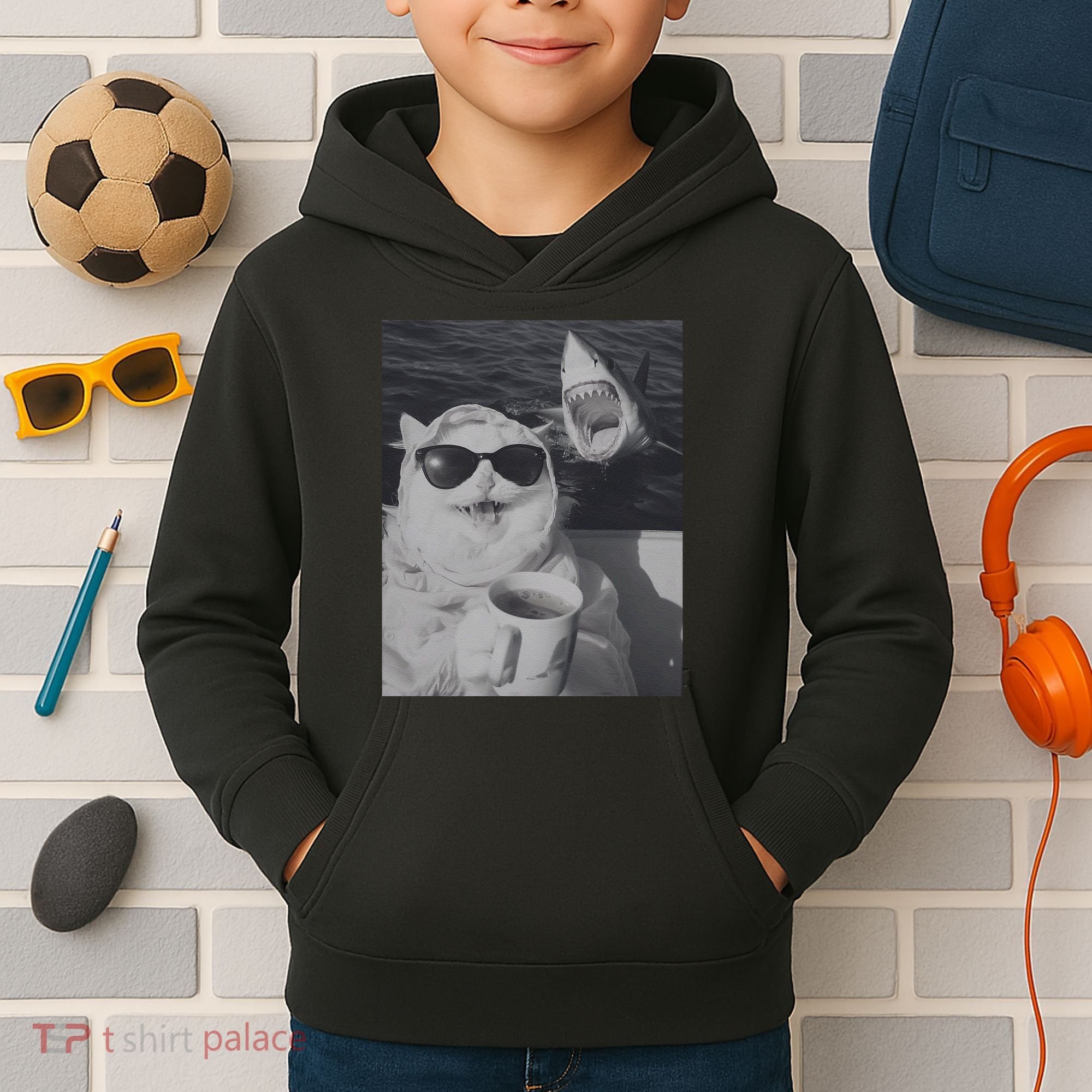 Cat Scarf Meme Drinking Coffee Selfie Chill White Shark Kids Hoodie