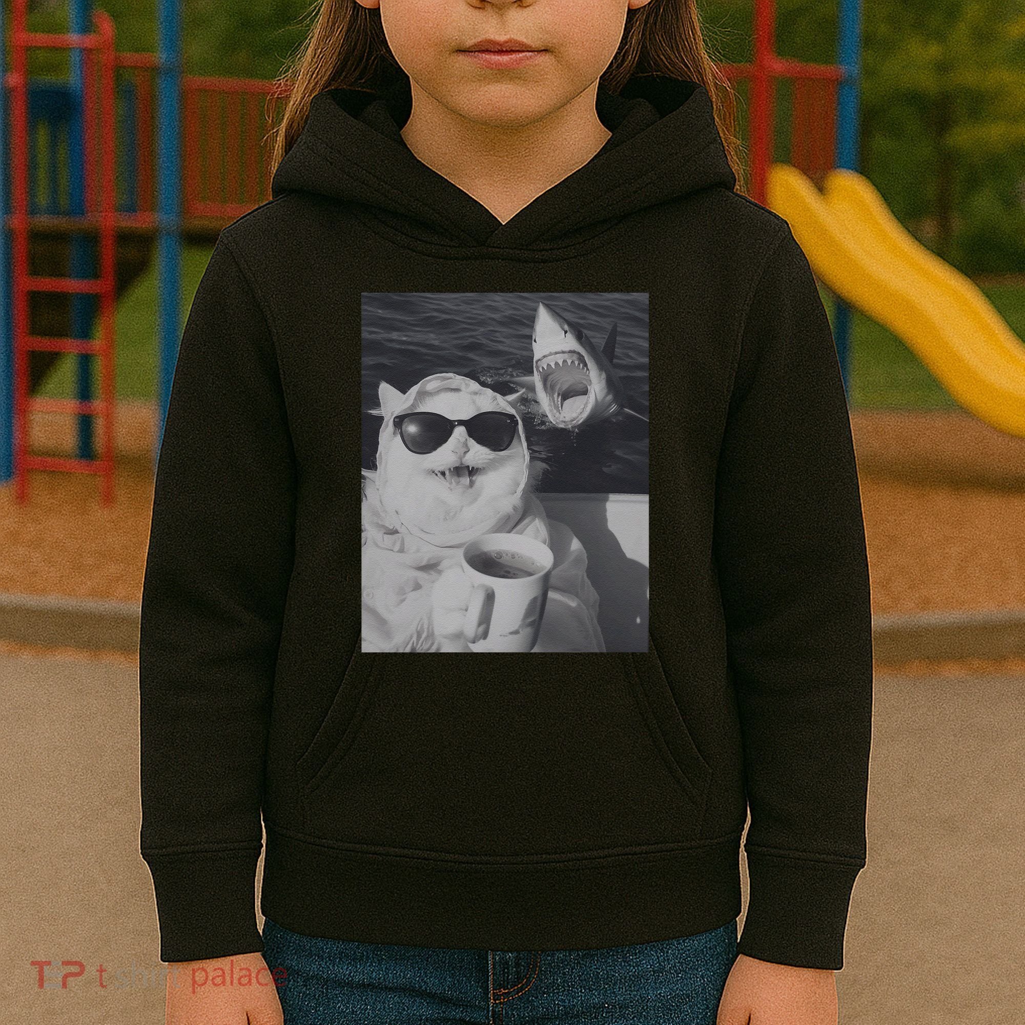 Cat Scarf Meme Drinking Coffee Selfie Chill White Shark Kids Hoodie