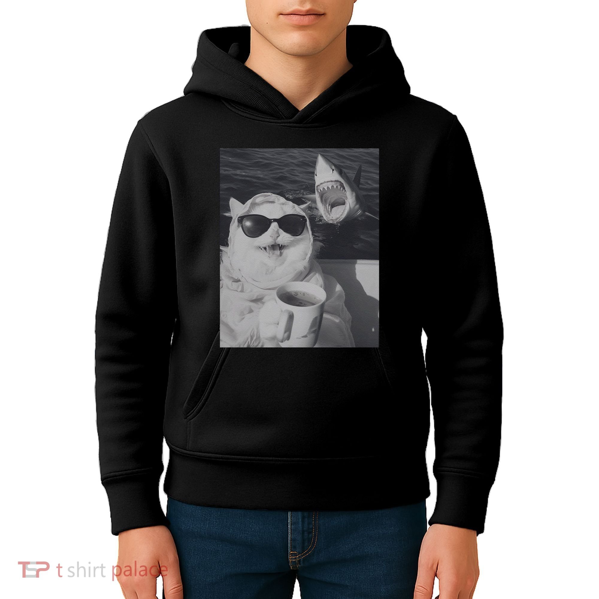 Cat Scarf Meme Drinking Coffee Selfie Chill White Shark Kids Hoodie