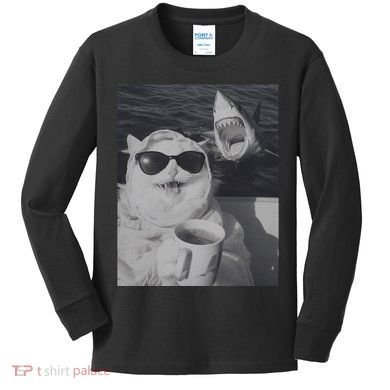 Cat Scarf Meme Drinking Coffee Selfie Chill White Shark Kids Long Sleeve Shirt