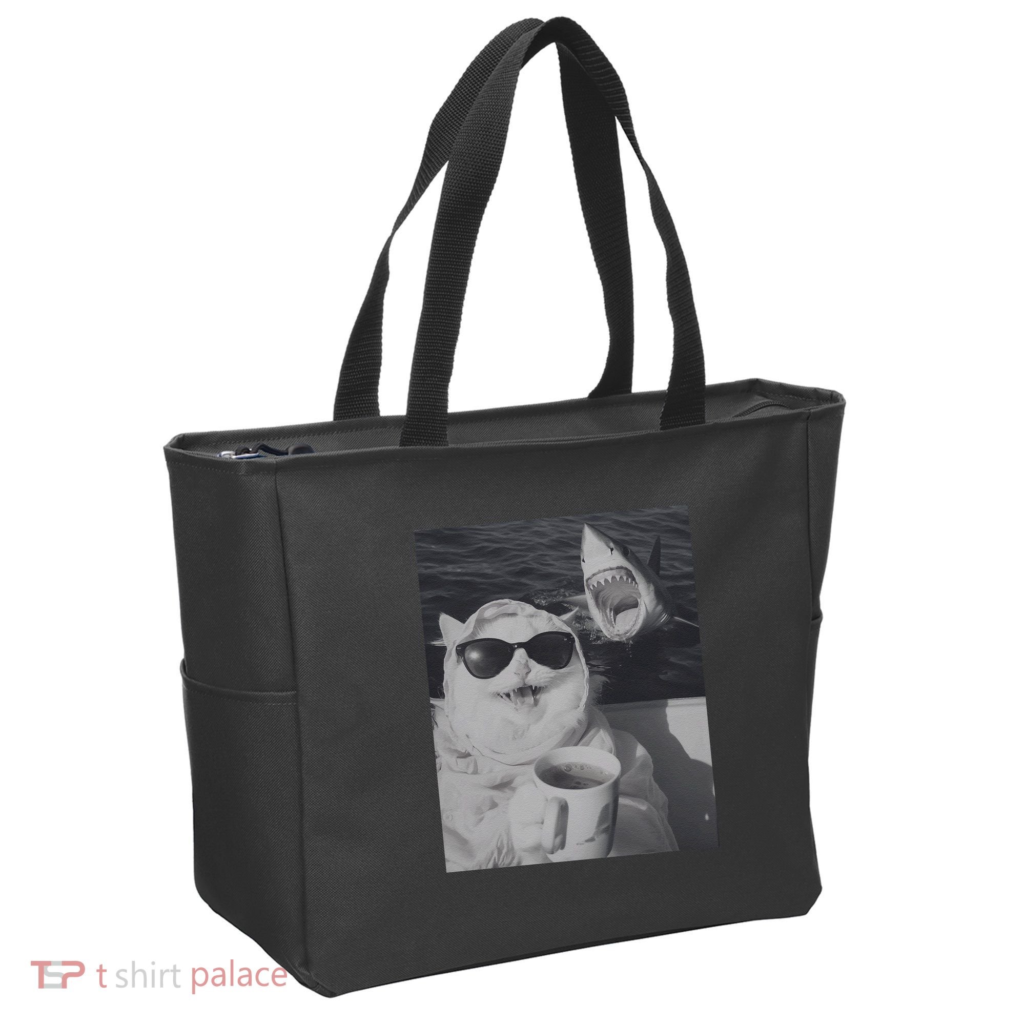 Cat Scarf Meme Drinking Coffee Selfie Chill White Shark Tote Bag