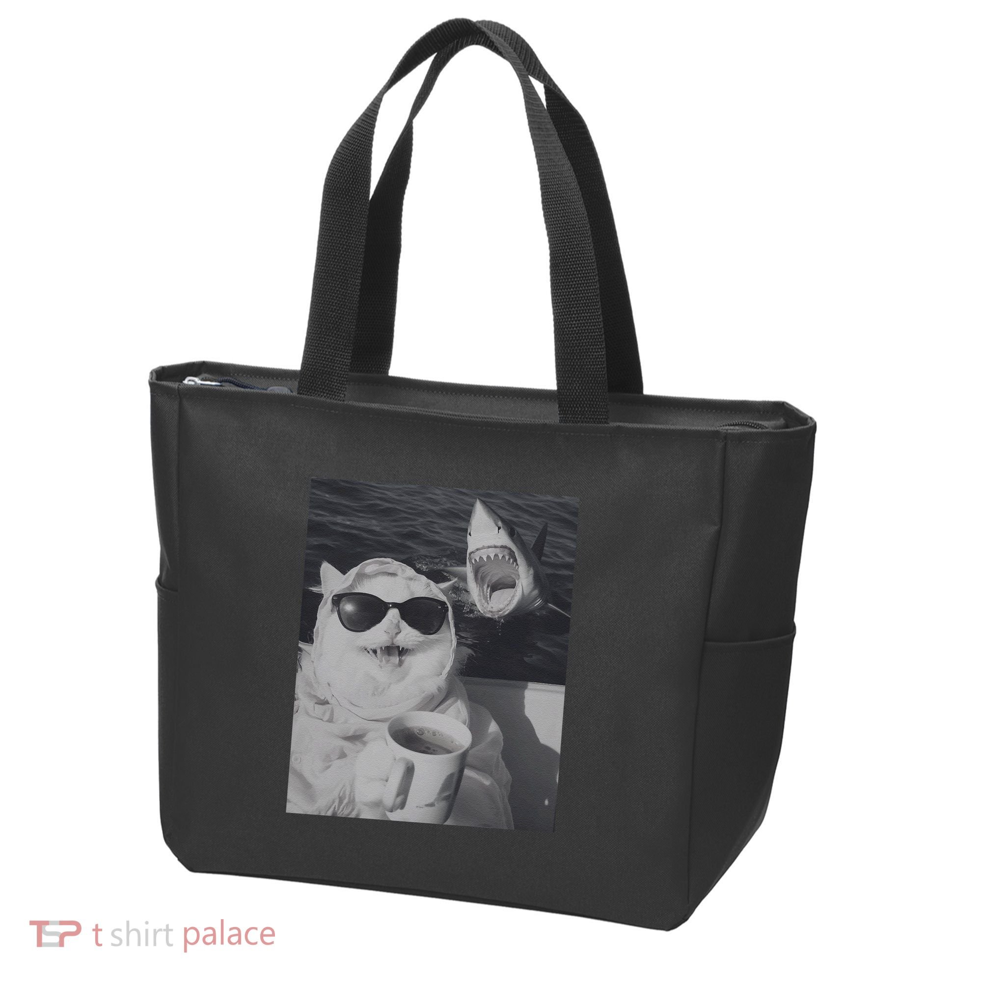 Cat Scarf Meme Drinking Coffee Selfie Chill White Shark Tote Bag