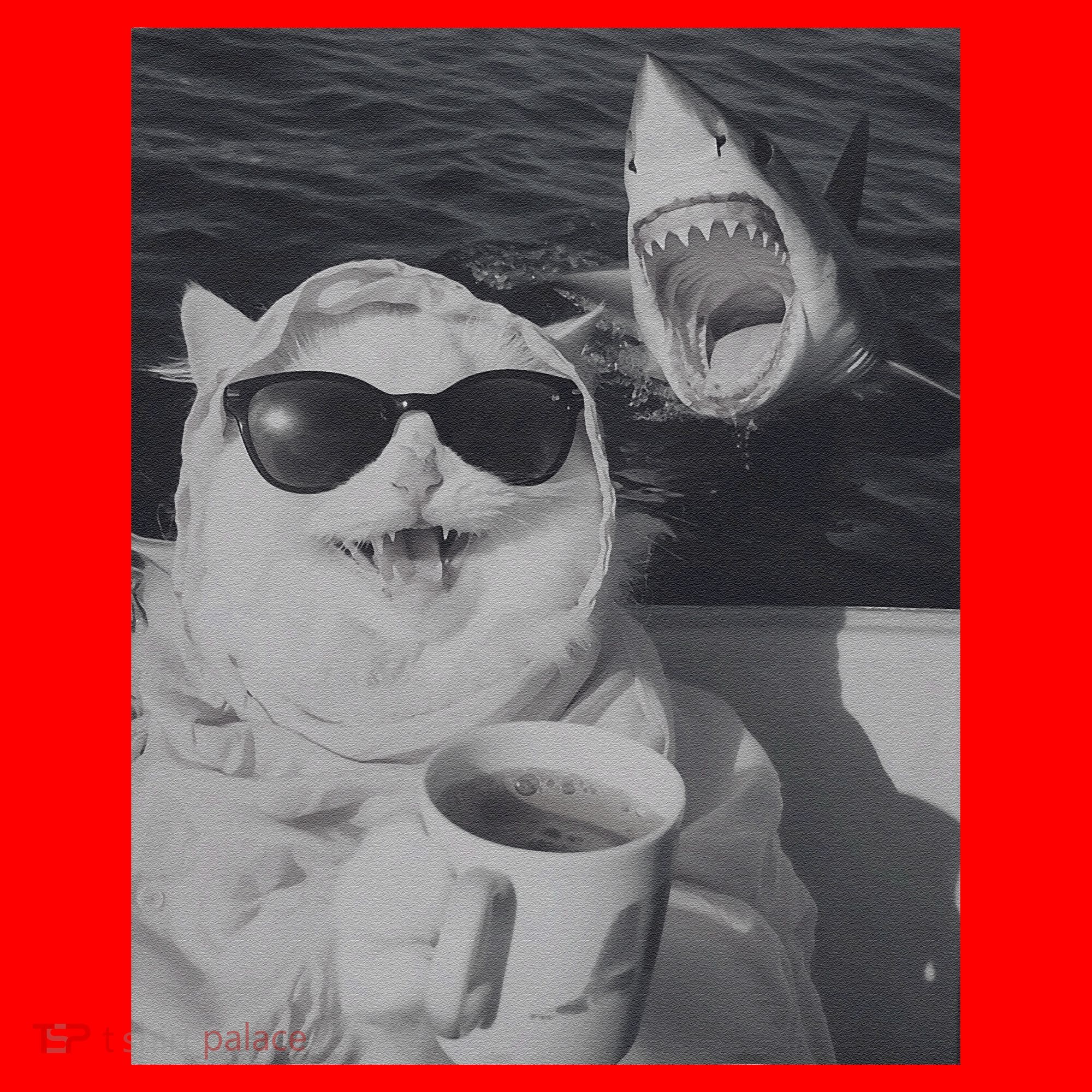 Cat Scarf Meme Drinking Coffee Selfie Chill White Shark Santa Hat