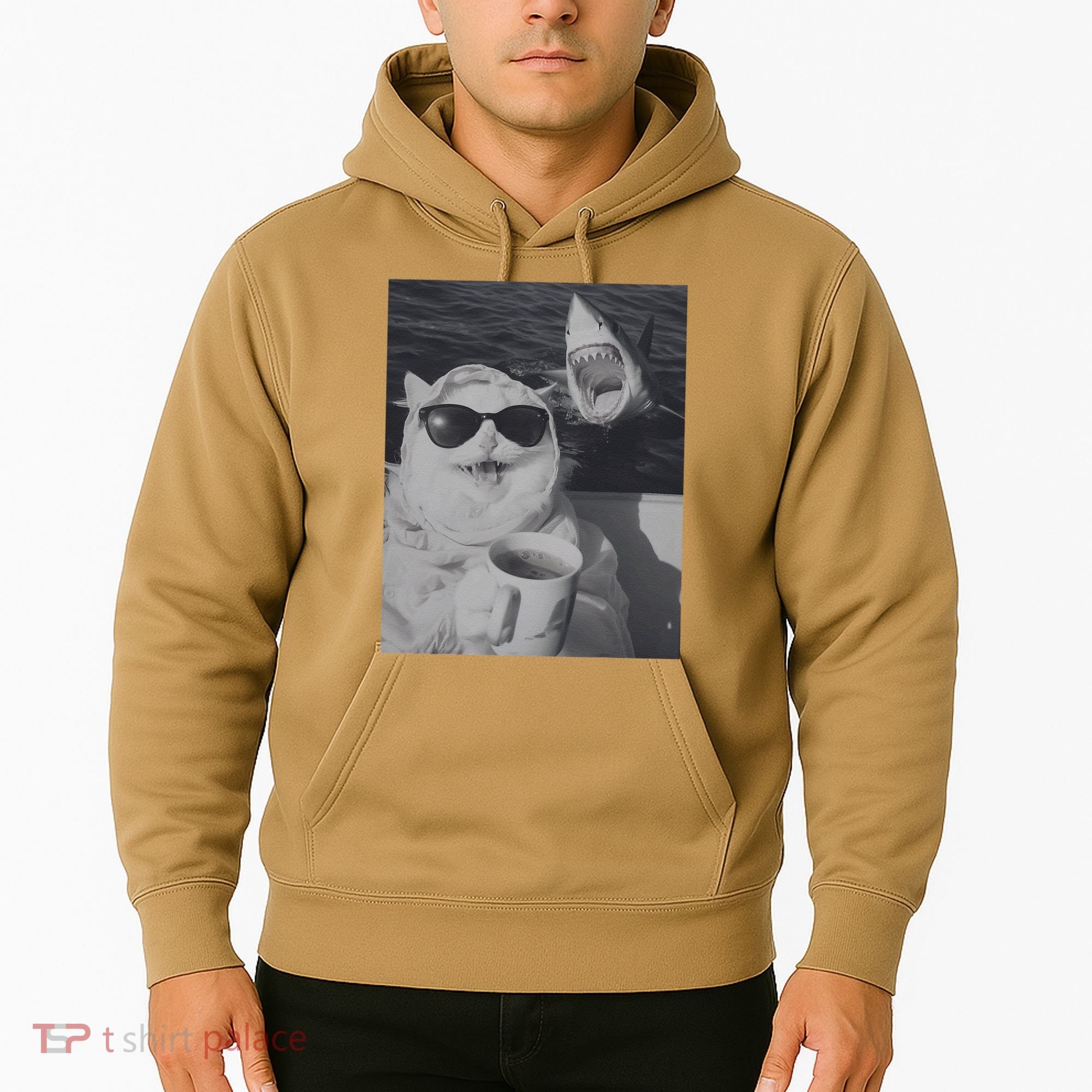 Cat Scarf Meme Drinking Coffee Selfie Chill White Shark Hoodie