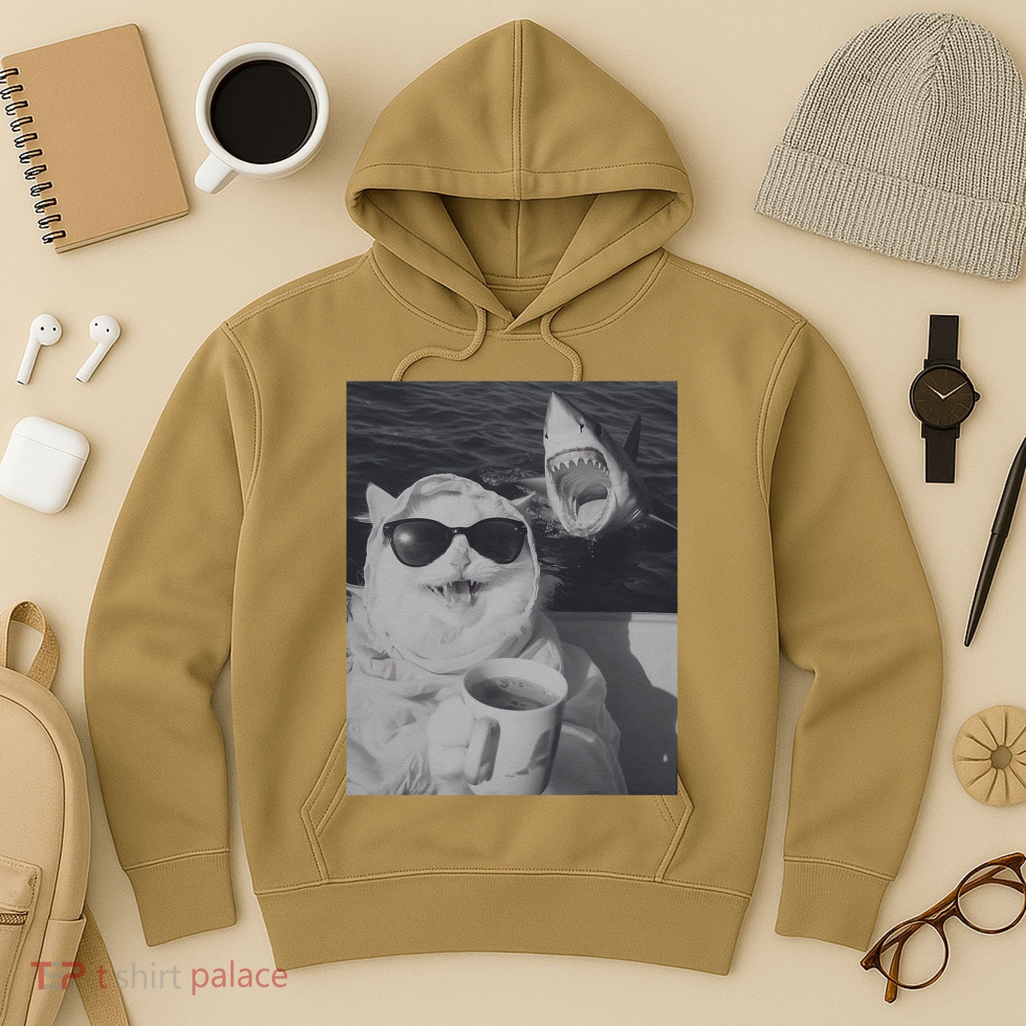 Cat Scarf Meme Drinking Coffee Selfie Chill White Shark Hoodie