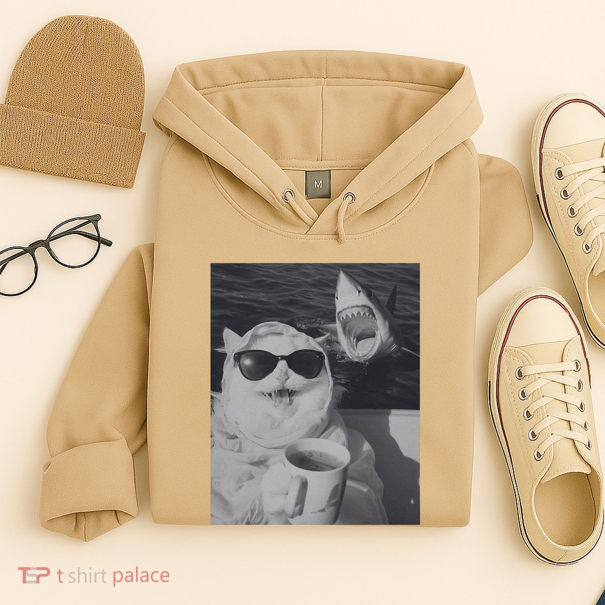 Cat Scarf Meme Drinking Coffee Selfie Chill White Shark Hoodie